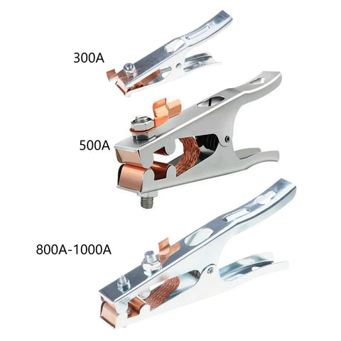 Heavy Duty Grounding Clamp For Welders With Ergonomic Handle And Secure Grip Perfect For Stick TIG MIG Arc Projects On Metalworking Tools, showcasing three sizes: 300A, 500A, and 800A-1000A.