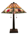 Mission Style Stained Glass Table Lamp With Floral Shade, 22 Inch Tall, Vintage Antique Light Decor, tan green blue red panels