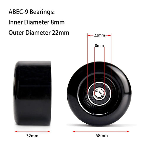 Eight Pack 58mm By 32mm Quad Roller Skating Wheels 82A Outdoor PU Wear Resistant Double Row Replacements With ABEC 9 Bearings And Spacers