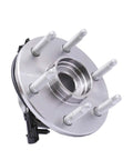 Front Wheel Bearing Hub Assembly Set Of 2 For 4WD Chevy Silverado 1500 Tahoe Suburban Express 1500 Yukon Sierra Savana 1500 Cadillac Escalade 2000 To 2006 Compatible, 6-lug design with ABS sensor, silver color, shown at side angle.