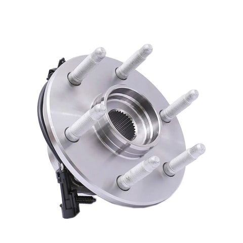 Front Wheel Bearing Hub Assembly Set Of 2 For 4WD Chevy Silverado 1500 Tahoe Suburban Express 1500 Yukon Sierra Savana 1500 Cadillac Escalade 2000 To 2006 Compatible, 6-lug design with ABS sensor, silver color, shown at side angle.