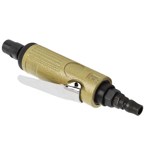Knockout High Octane Pneumatic Die Grinder With Six Millimeter Collet System For Rock Solid Performance On The Shop Floor Featuring Durable Alloy Steel Build One Quarter Inch Pt Air Inlet And Swift Straight Shaft Design For Precision Tasks Done Right, showcasing yellow alloy steel construction and ergonomic trigger.