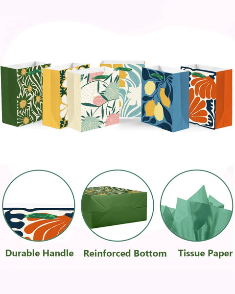 Clash Flowers Gift Bags With Tissue Paper Handles Pack Of 6 Medium Size Recyclable Cardboard Gift Bags Dope Floral Pattern