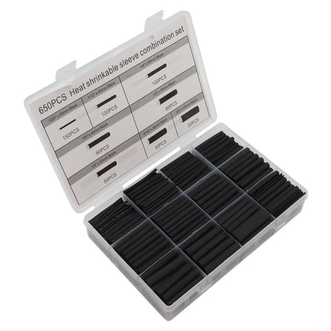 This Awesome 650 Piece Heat Shrink Tubing Kit With 2 To 1 Ratio Delivers Super Secure Wire Wraps That Stick Tight And Won't Slip Even In Hot Or Cold Temps Plus The Massive Assortment Covers All Your Electrical Projects No Matter How Big Or Small They, 650-piece black heat shrink tubing set in organizer case