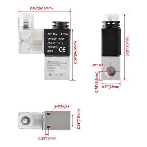 Dimensions of Electrical Pneumatic Solenoid Valve 2V025-08, 110VAC, PT1/4 Port, with measurements and specifications