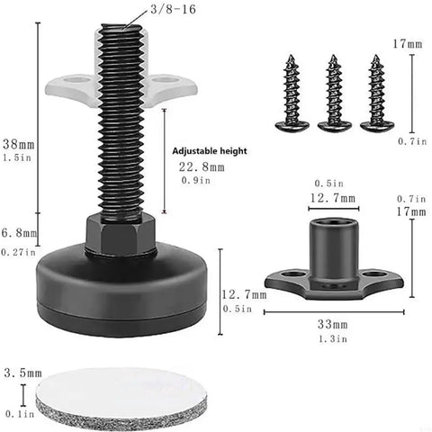 12 Pack Furniture Leveling Feet With Three Eighths Inch Thread And Adjustable Height, floor protector foot with 3/8-16 thread and wide base