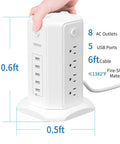 8-Outlet Tower Surge Protector With USB Charging Station, 6-Foot Flat Plug Power Strip For Home Office, Individual Switches