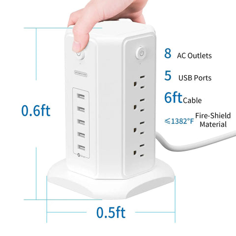 8-Outlet Tower Surge Protector With USB Charging Station, 6-Foot Flat Plug Power Strip For Home Office, Individual Switches