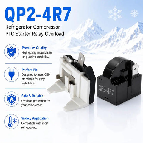4.7 Ohm One Pin Refrigerator Starter Relay Kit With Overload Protector display with QP2-4R7 components and features