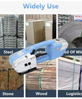 Easy Grip Cordless Electric Strapping Machine Automatic Hot Seal Pallet Bundler Battery Powered For 13 To 16 Mm PP PET Tape, shown in use with various materials.