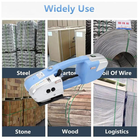 Easy Grip Cordless Electric Strapping Machine Automatic Hot Seal Pallet Bundler Battery Powered For 13 To 16 Mm PP PET Tape, shown in use with various materials.
