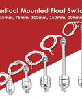 Vertical mounted float switch in various sizes, stainless steel construction for liquid level control in tanks and pumps.