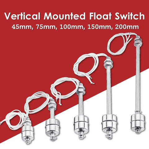 Vertical mounted float switch in various sizes, stainless steel construction for liquid level control in tanks and pumps.