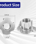 Front and side views of 1/4-20 T-nuts in 304 stainless steel, four-pronged, for wood, 25 pcs