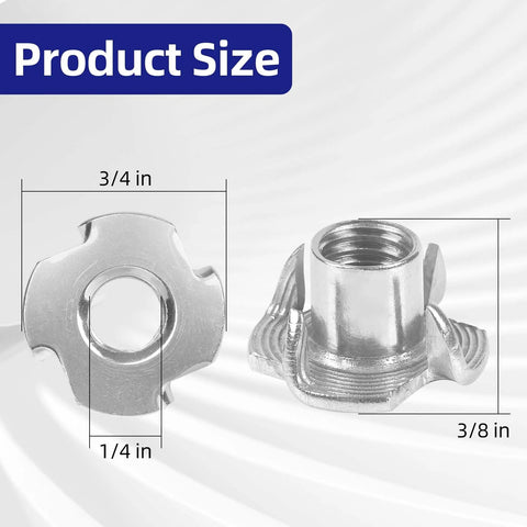 Front and side views of 1/4-20 T-nuts in 304 stainless steel, four-pronged, for wood, 25 pcs