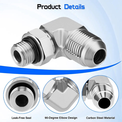 Half Inch Male JIC 37 Degree Flare To Three Eighth Inch Male SAE ORB 90 Degree Elbow Hydraulic Adapter For JIC To ORB Conversion SAE J514 J1926 Compatible Solid Heavy Duty 2 Pack, carbon steel