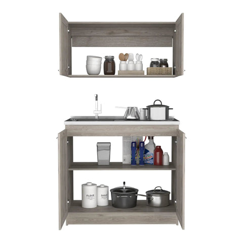 Modern Two Piece Light Grey Cabinet Set Featuring Dual Countertops Spacious Storage Console For Living Room showing open storage with kitchen items.