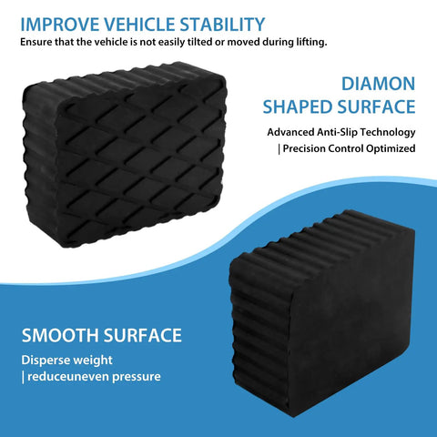 4 Pack Solid Rubber Car Lift Pads Heavy-Duty Anti-Slip Jack Lift Blocks With 3000 Lb Load Capacity Rubber Spacers For Car Lift Jack Stands And Ramps Protects Chassis And Frame, showing two rubber lift pads with textured surfaces.