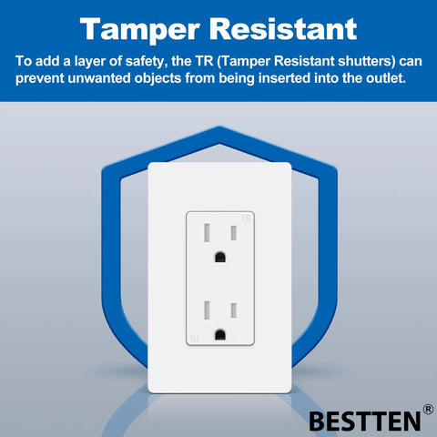 30 Pack 15 Amp Decorator Wall Outlet Receptacle With Screwless Wall Plate, tamper resistant design shown with safety icon