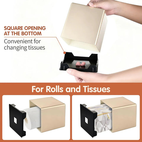 Hand Tissue Box Cover Decorative Square Tissue Holder being opened to replace tissues, champagne gold finish.