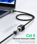 Cat6 Ethernet Extension Cable 10ft Patch Cord With RJ45 Male To Female Connector connected to a laptop, supports gigabit speeds.