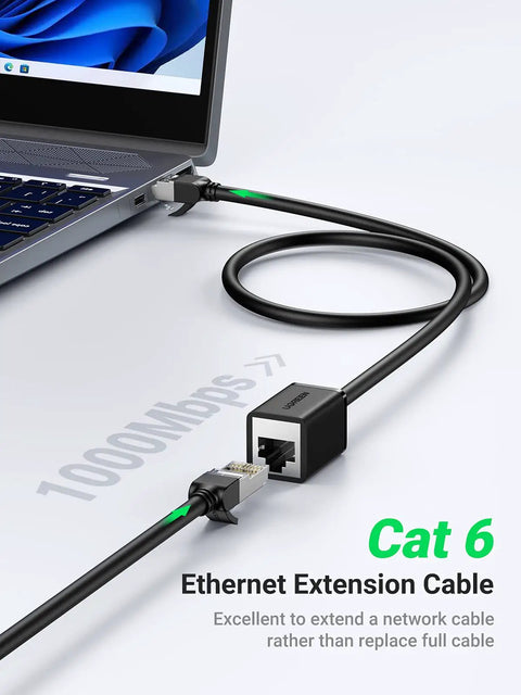Cat6 Ethernet Extension Cable 10ft Patch Cord With RJ45 Male To Female Connector connected to a laptop, supports gigabit speeds.