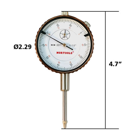 NORTOOLS dial indicator with magnetic base and fine adjustment, 0–1.0 in travel, 0.001 in precision, front view