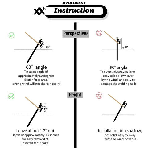 Diagram showing installation angles and depth for Heavy Duty 8 Inch Tent Stakes Set With Metal Pegs Fluorescent Silicone Rings And Storage Bag.
