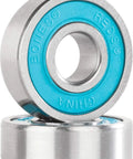 Two Bones Reds skateboard bearings with blue seals and silver metal housings