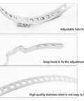 Close-up of 10 Pack CV Boot Clamps Kit With Stainless Steel Banding Tool showing adjustable holes for size and snap hook for securing.
