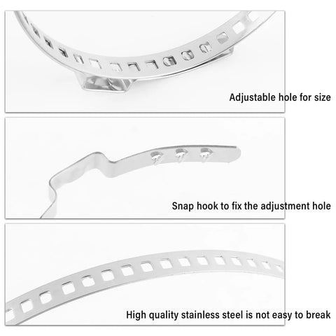 Close-up of 10 Pack CV Boot Clamps Kit With Stainless Steel Banding Tool showing adjustable holes for size and snap hook for securing.