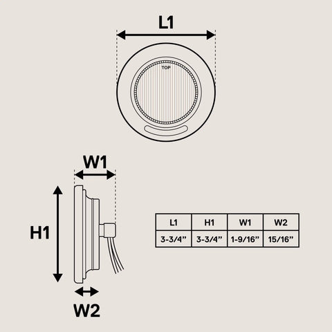 Diagram of 8pc 2.5 Inch Round LED Side Marker Light Kit 12V Amber And Red Waterproof IP67 with dimensions and side view.