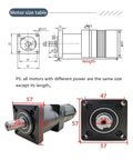 Dimensions and front view of Powerful 70W 57mm Brushless DC Motor Kit with Permanent Magnet, 24V, 3000 RPM, compact gearbox.