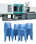 Top Shelf Automatic Hydraulic Injection Molding Machine For Folding Plastic Chairs And Home Accessories Multi Material Build No Sweat Operation Pro Grade Factory Rig With Custom Specs beside stacked blue plastic chairs.