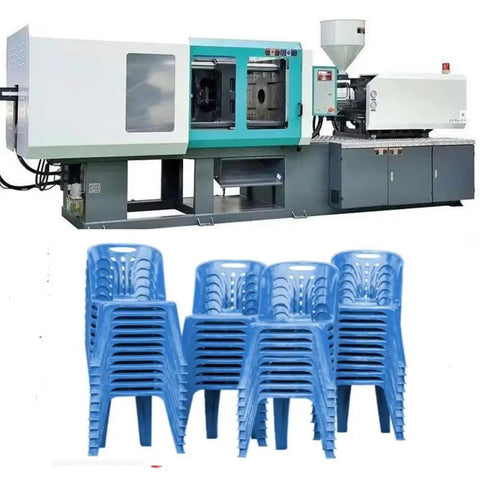 Top Shelf Automatic Hydraulic Injection Molding Machine For Folding Plastic Chairs And Home Accessories Multi Material Build No Sweat Operation Pro Grade Factory Rig With Custom Specs beside stacked blue plastic chairs.
