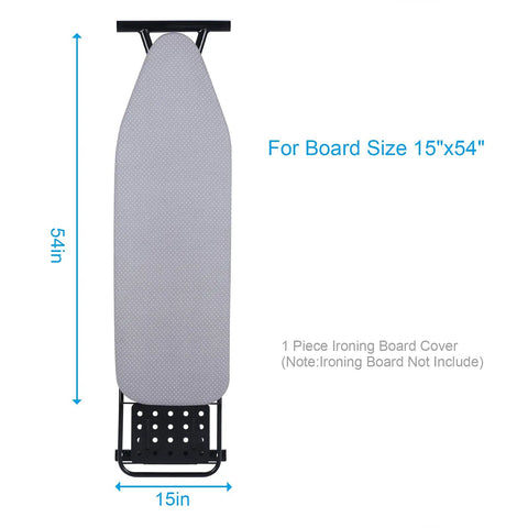 Heavy Duty Ironing Board Cover With Four Layer Thick Padding Two Inch Elastic Stain And Scorch Resistant Finish Durable Construction Two Buckle Click To Close For Smooth Ironing Standard Size White Dot Pattern Eco Friendly on a standard 15x54 inch board.