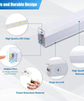 Close-up of LED garage light components showing high-quality chips, hidden pins, snap-on lock, and flame retardant material.