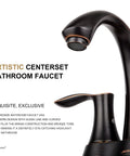 Oil Rubbed Bronze Two Handle 4 Inch Centerset Bathroom Faucet With Pop Up Drain And Included Supply Lines shown from side view