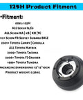125H Aluminum 6 Hole Short Hub Steering Wheel Adapter Kit Direct Bolt-On Base Connection Fits Lexus IS GS Scion XA XB XD TC 2012 Onward FR-S BRZ Toyota Camry Corolla Matrix Tacoma FJ Cruiser with fitment details shown.