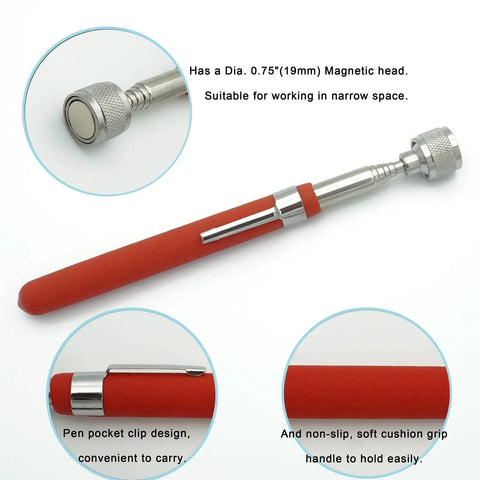 Magnetic Pickup Tool Set Pack Of Two With A Flexible 2 Pound Magnet And A Telescoping 10 Pound Magnet highlighting pen clip design