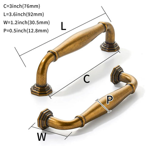 10 Pack Antique Brass Cabinet Pulls 3 Inch Center To Center Vintage Solid Hardware with measurements for cupboards and dressers