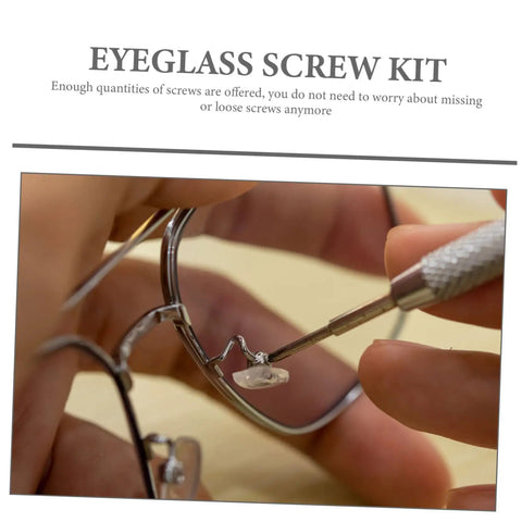 Close-up of a hand using a screwdriver on a glasses frame from a Sturdy Eyeglass Repair Screws Kit With Handy Storage Box For Sunglasses And Glasses Quick Fixes And Maintenance On The Go Includes Multiple Screw Types Nuts And Nose Pads For Any Eyewear.