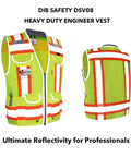 Hi Vis Two Tone Engineer Safety Vest With 3M Scotchlite Reflective Tape Padded Collar Retractable ID Pocket Heavy Duty Zipper