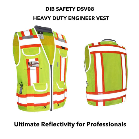 Hi Vis Two Tone Engineer Safety Vest With 3M Scotchlite Reflective Tape Padded Collar Retractable ID Pocket Heavy Duty Zipper