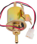 Universal 12V Inline Electric Fuel Pump Low Pressure 2.5 To 4 PSI For Gasoline Or Diesel Engines With Metal Construction Ideal For Motorcycle Carburetors ATVs Trucks Boats And Other Automotive Marine Applications visible with wires and connector