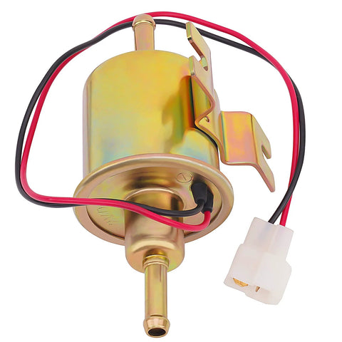 Universal 12V Inline Electric Fuel Pump Low Pressure 2.5 To 4 PSI For Gasoline Or Diesel Engines With Metal Construction Ideal For Motorcycle Carburetors ATVs Trucks Boats And Other Automotive Marine Applications visible with wires and connector
