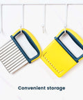 Crinkle cutter knives with yellow handles and blue grips; two-piece set, stainless steel blades (ridged and flat).