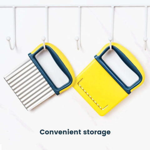 Crinkle cutter knives with yellow handles and blue grips; two-piece set, stainless steel blades (ridged and flat).