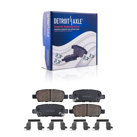 Beefed Up Brake Kit For Nissan Rogue 2014 Through 2020 And Rogue Sport 2017 Through 2022 With Front And Rear Disc Rotors And Ceramic Brake Pads Replacement OEM Grade Performance For Smoother Quieter Stops, showing box and ceramic pads.