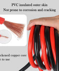 Hand holding Beefy 67 Inch 150 Amp Heavy Duty Jumper Cables With Tough Alligator Clips, red and black with copper core.